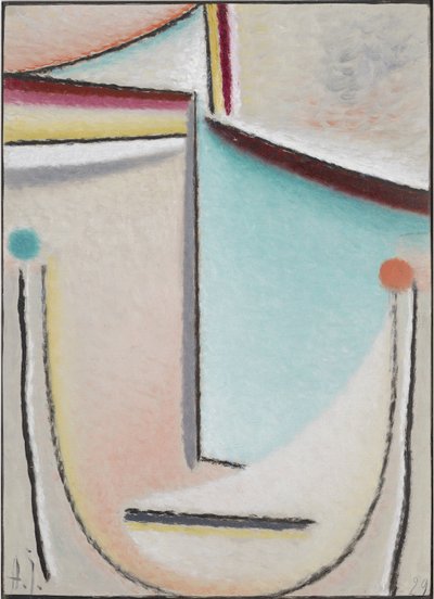 Abstrakti pää: vaaleanpunainen-vaaleansininen, 1929 (öljy kartongille) tekijältä Alexej von Jawlensky
