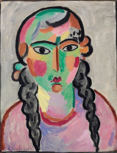 Vaalea tyttö harmailla palmikoilla. Noin 1916 tekijältä Alexej von Jawlensky