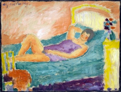 Tyttö makaa. (Valehteleva tyttö). Aleksei von Javlenskin (Alexi von Jawlensky, Alexej von Javlenski) (1864-1941) työ. öljyä pahville tekijältä Alexej von Jawlensky