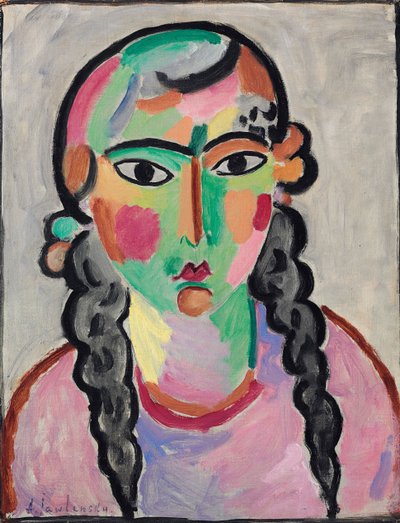 La fille pale aux tresses grises - Kalpea tyttö harmailla pigtailsilla, kirjoittanut Alexej von Jawlensky (Javlensky) (1864-1941). Öljy paperille, c. 1916. Mitat : 63,5x49,5 cm. Yksityinen kokoelma tekijältä Alexej von Jawlensky