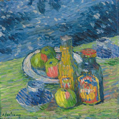 Asetelma pullojen ja hedelmien kanssa tekijältä Alexej von Jawlensky