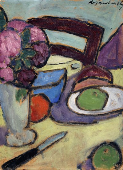 Asetelma tuolin ja kukkakimpun kanssa; Asetelma tuolin ja kukkakadun kanssa, 1906 tekijältä Alexej von Jawlensky