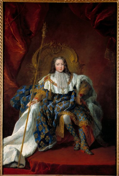 Ludvig XV:n (1710-1774) lapsen muotokuva istuimellaan Alexis Simon Bellen (1674-1734) pyhän maalauksen puku ja attribuutit peitettynä 1723 Su. 2,26x1,8 m - Ludvig XV:n (1710-1774) muotokuva lapsena valtaistuimellaan kruunausmekossa - Pai tekijältä Alexis Simon Belle