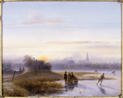 Jokikohtaus luistelijoiden kanssa (öljy paneelille) tekijältä Alexis de Leeuw