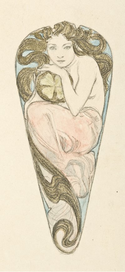 Pienoisprojekti suuren bodice-lukon riipukseen, c. 1900. tekijältä Alfons Marie Mucha