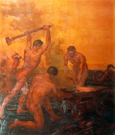Railwaymen-triptyykin vasen paneeli tekijältä Alfonso Quarantelli