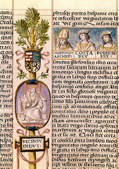 Espanjan visigoottien kuninkaan Flavius ​​Recceswinthin muotokuva vuodesta 653 kuolemaansa vuonna 672, miniatyyri elokuvassa "Espanjan kuninkaiden sukututkimus" tekijältä Alfonso de Cartagena