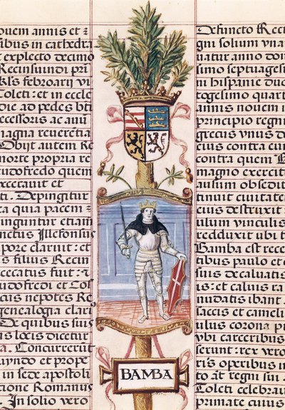 Visigoottien kuningas Wamba (k. 688, Espanjan kuningas 672-680/681, Alonso de Cartagenan "Espanjan kuninkaiden sukututkimus") tekijältä Alfonso de Cartagena