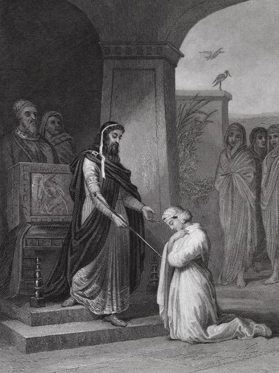Ester kuningas Ahasveroksen edessä, Ester, 15. luku, v. 11 (kaiverrus). tekijältä Alfred (after) Johannot