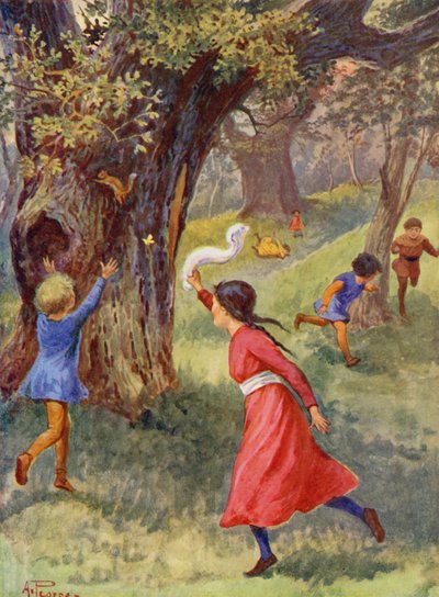 Merrie England: Lapset leikkivät Sherwood Forestissa (värilitografia). tekijältä Alfred (after) Pearse