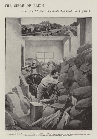 Piirretyn brittiläisen lähetystön puolustaminen Pekingissä nyrkkeilijöiden kapinan aikana (litho) tekijältä Alfred (after) Pearse