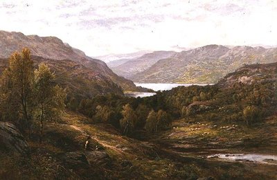 Paimenpoika koiransa kanssa ylänkömaisemassa tekijältä Alfred Augustus Glendening
