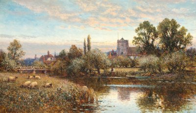 Lampaat laiduntavat Wrothamin kirkon edessä, hämärä tekijältä Alfred Augustus Glendening
