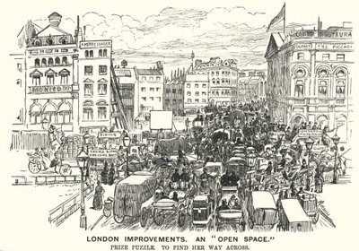 Punch sarjakuva: London Improvements. "Avoin avaruus" - liikenneruuhka viktoriaanisessa Lontoossa (kaiverrus) tekijältä Alfred Chantrey Corbould