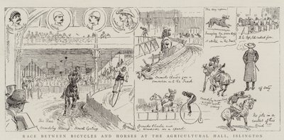 Kilpailu polkupyörien ja hevosten välillä Islingtonin maataloushallissa tekijältä Alfred Chantrey Corbould