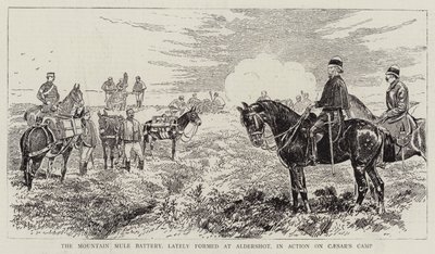 Mountain Mule Battery, äskettäin muodostettu Aldershotissa, toiminnassa Caesarin leirillä tekijältä Alfred Chantrey Corbould