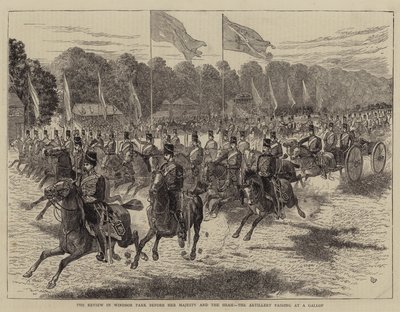 Katsaus Windsor Parkissa Hänen Majesteettinsa ja Shahin edessä, tykistö ohittamassa laukkaa tekijältä Alfred Chantrey Corbould