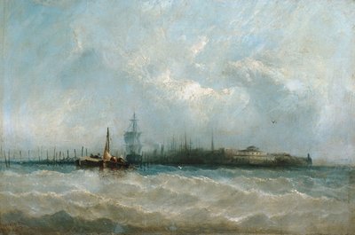 New York satamasta, jossa näkyy akku ja linnapuutarha, 1858. tekijältä Alfred Copestick