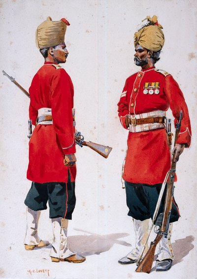 Sotilaat 102. kuningas Edwardin omasta kranaatista ja 101. kranaatista, kuvitus majuri G.F.:n julkaisusta "Armies of India" MacMunn, julkaistu 1911, 1908 tekijältä Alfred Crowdy Lovett