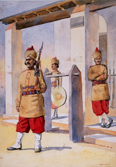 Connaughtin 124. herttuattaren oman Baluchistanin jalkaväen sotilaat, kuvitus "Armies of India" -majuri G.F. MacMunn, julkaistu 1911, 1908 tekijältä Alfred Crowdy Lovett