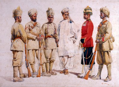 Soldiers of the 19th Punjabis Afridi of Tirah, kuvitus "Armies of India":lle majuri G.F. MacMunn, julkaistu 1911, 1909 tekijältä Alfred Crowdy Lovett