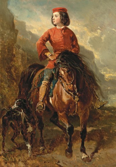 Nuori ratsastaja shetlannissa vinttikoiran kanssa; Jeune cavalier montant un shetland et levrier, 1800-luku tekijältä Alfred Dedreux