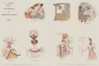Alkuperäisten vesiväripiirustusten faksimilit, jotka on suunniteltu satiirisoimaan muotia naisten vuoden 1828 päähineissä (chromolitho) tekijältä Alfred Edward Chalon