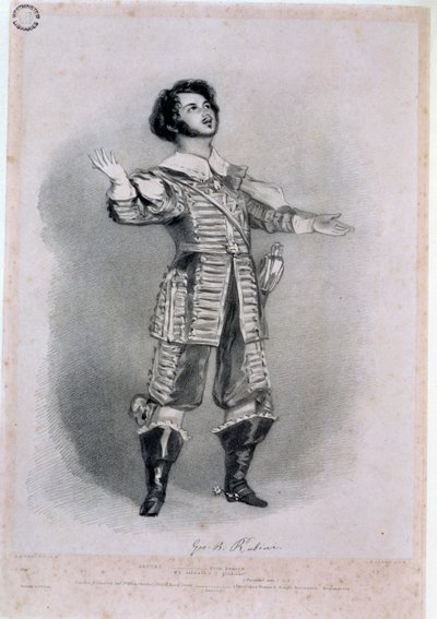 Giovanni Battista Rubini (1794-1854) Arturona elokuvassa "I Puritani", vedoskopio "Muistoja Italian oopperasta", kaivertanut Richard James Lane (1800-72), 1836 (katso värit numerosta 123979) tekijältä Alfred Edward Chalon