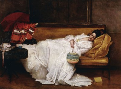 Tyttö japanilaisen tuulettimen kanssa nukkumassa sohvalla, tekijältä Alfred Emile Stevens