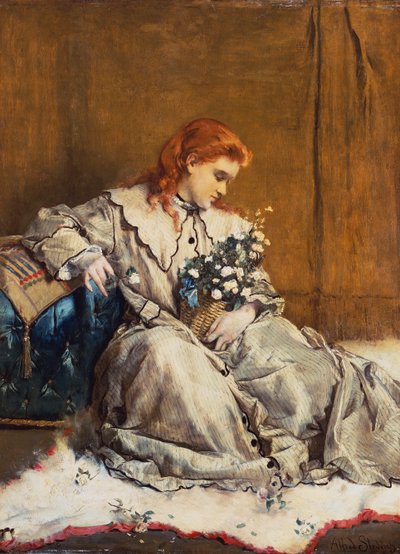 Daydream, nuori punapäinen tyttö sinisellä ottomaanilla tekijältä Alfred Emile Stevens