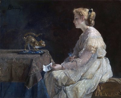 ""Tämänhetkinen"" Nuori nainen löytämässä kissapatsaan - Alfred Stevensin (1823-1906) maalaus noin 1870 Lontoon kansallisgalleria tekijältä Alfred Emile Stevens