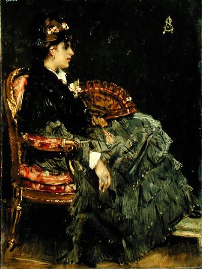 Istuva nainen tuulettimella (öljy paneelissa) tekijältä Alfred Emile Stevens