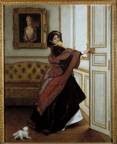 Alfred Stevensin (1823-1906) maalaus Nainen pienen koiran kanssa 1859. Öljy kankaalle. Mitat: 61,6 x 48,9 cm. Yksityinen kokoelma tekijältä Alfred Emile Stevens