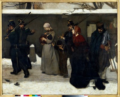 Niin sanottu vaeltaminen sanoo myös, että Vincennesin kansalliskaartin metsästäjät pysäyttävät perheet kadulla. Alfred Stevensin (1823-1906) maalaus Sun. 1,3x1,6 m Pariisi, musee d