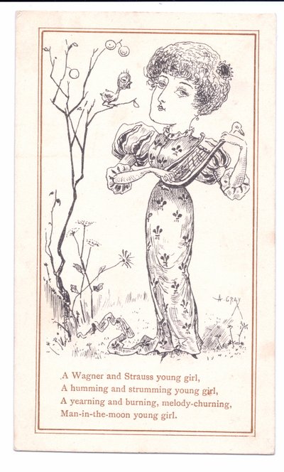 Viktoriaaninen tervehdyskortti, jossa esteetikko soittaa luuttua, n.1881 (yksivärinen). tekijältä Alfred Gray