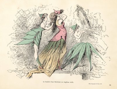 Karikatyyri pariisilaisesta naisten makuuhuoneesta 1900-luvulla. tekijältä Alfred Grevin