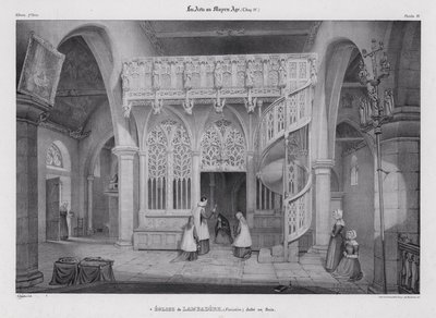 Veistetty puuseinä Notre Dame de Lambaderin kappelista, Plouvorn, Bretagne, Ranska (litho) tekijältä Alfred Guesdon