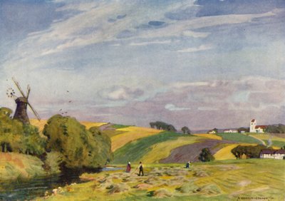 Tanska: Tyypillinen tanskalainen maisema, Etelä-Jyllanti (väri litho) tekijältä Alfred Heaton Cooper