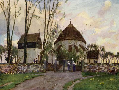 Tanska: Bornholm, Osterlars Church (väri litho) tekijältä Alfred Heaton Cooper