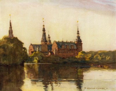 Tanska: Frederiksborgin linna (väri litho) tekijältä Alfred Heaton Cooper