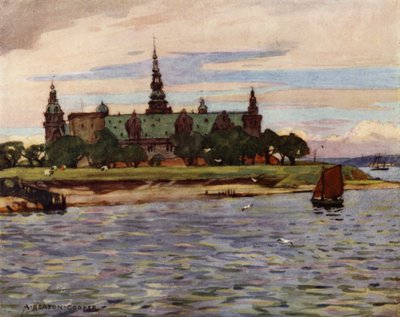 Tanska: Helsingor, Kronborgin linna (värilitho) tekijältä Alfred Heaton Cooper