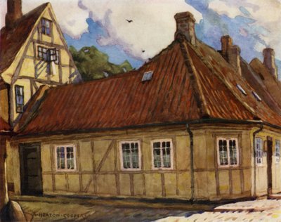 Tanska: Odense, Hans Andersenin syntymäpaikka (väri litho) tekijältä Alfred Heaton Cooper