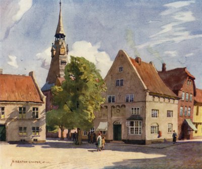 Tanska: Tonder, keskiaikainen kaupunki Pohjois-Slesvigissa (väri litho) tekijältä Alfred Heaton Cooper