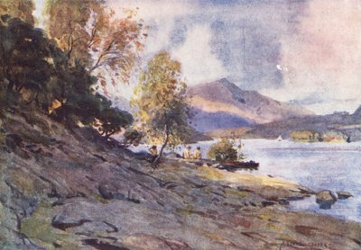 Lake District: Derwentwaterin rannalla (värilitro). tekijältä Alfred Heaton Cooper