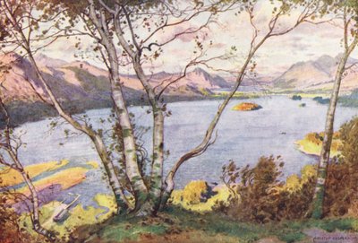 Lake District: Derwentwater ja Bassenthwaite Lake, High Lodoresta (värilitro). tekijältä Alfred Heaton Cooper