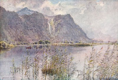 Lake District: Lodore ja Derwentwater, kesäaamuna (värilitro). tekijältä Alfred Heaton Cooper