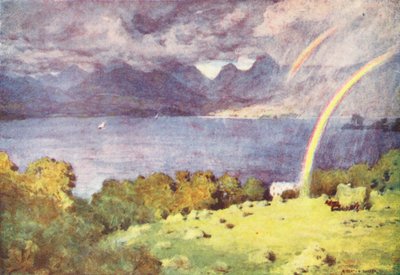 Lake District: Windermere and Langdale Pikes, Lowwoodista (värilitro): Windermere and Langdale Pikes, from Lowwood (color litho) tekijältä Alfred Heaton Cooper