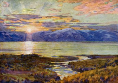 Keskiyön aurinko Torne Trask -järven yllä Abiskosta käsin tekijältä Alfred Heaton Cooper