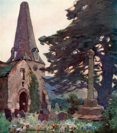 Porlockin kirkko ja risti (väri litho) tekijältä Alfred Heaton Cooper