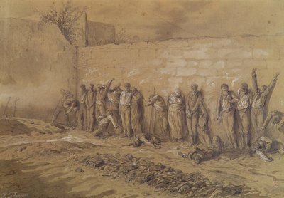 Teloitus "Mur des Federes":ssä, Pere-Lachaisen hautausmaalla, 28. toukokuuta 1871 (ruskea liitu ja pesu, korostettu valkoisella guassilla seepiapaperilla) tekijältä Alfred Henri Darjou